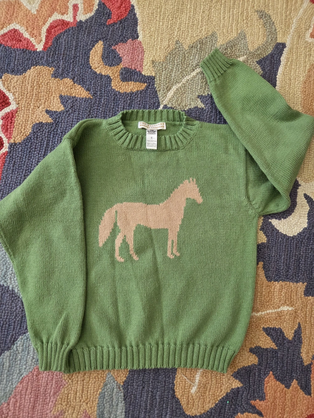 The Beaufort Bonnet Company Green Crewneck Sweater with Pink Horse Intarsia